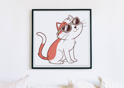 Cadre orné d'un chat stylé portant des lunettes, style cartoon adorable