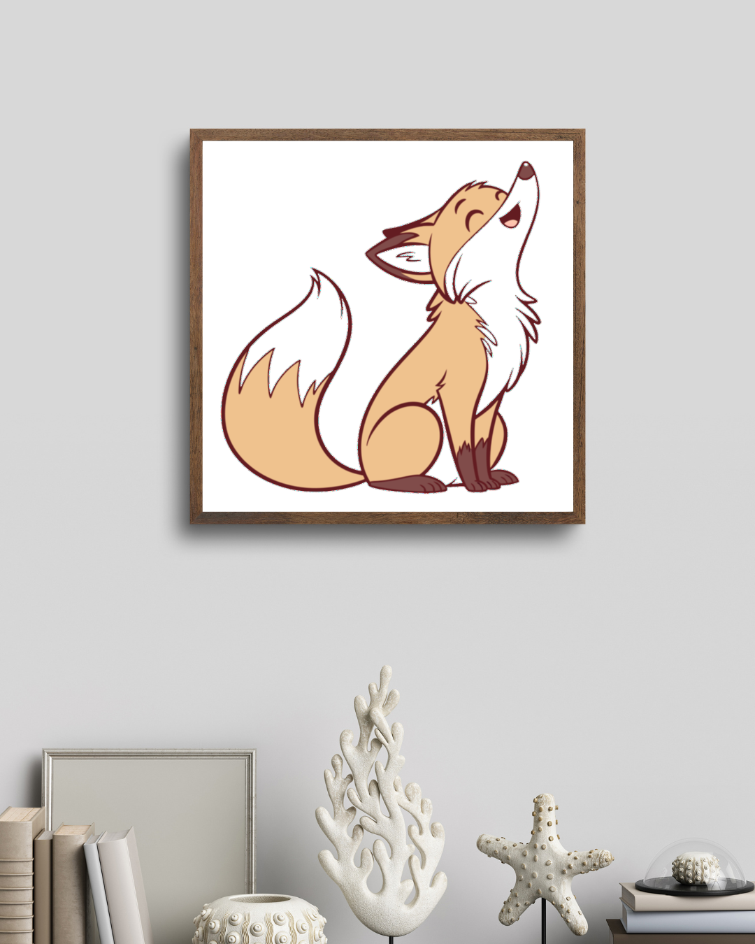 Cadre affichant un renard rieur dans un style cartoon sur fond de nature paisible