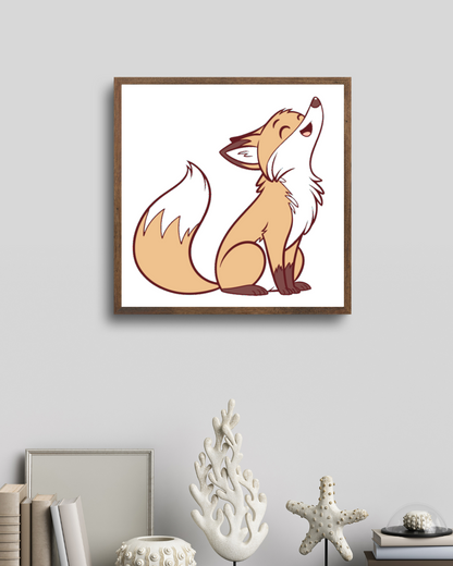 Cadre affichant un renard rieur dans un style cartoon sur fond de nature paisible