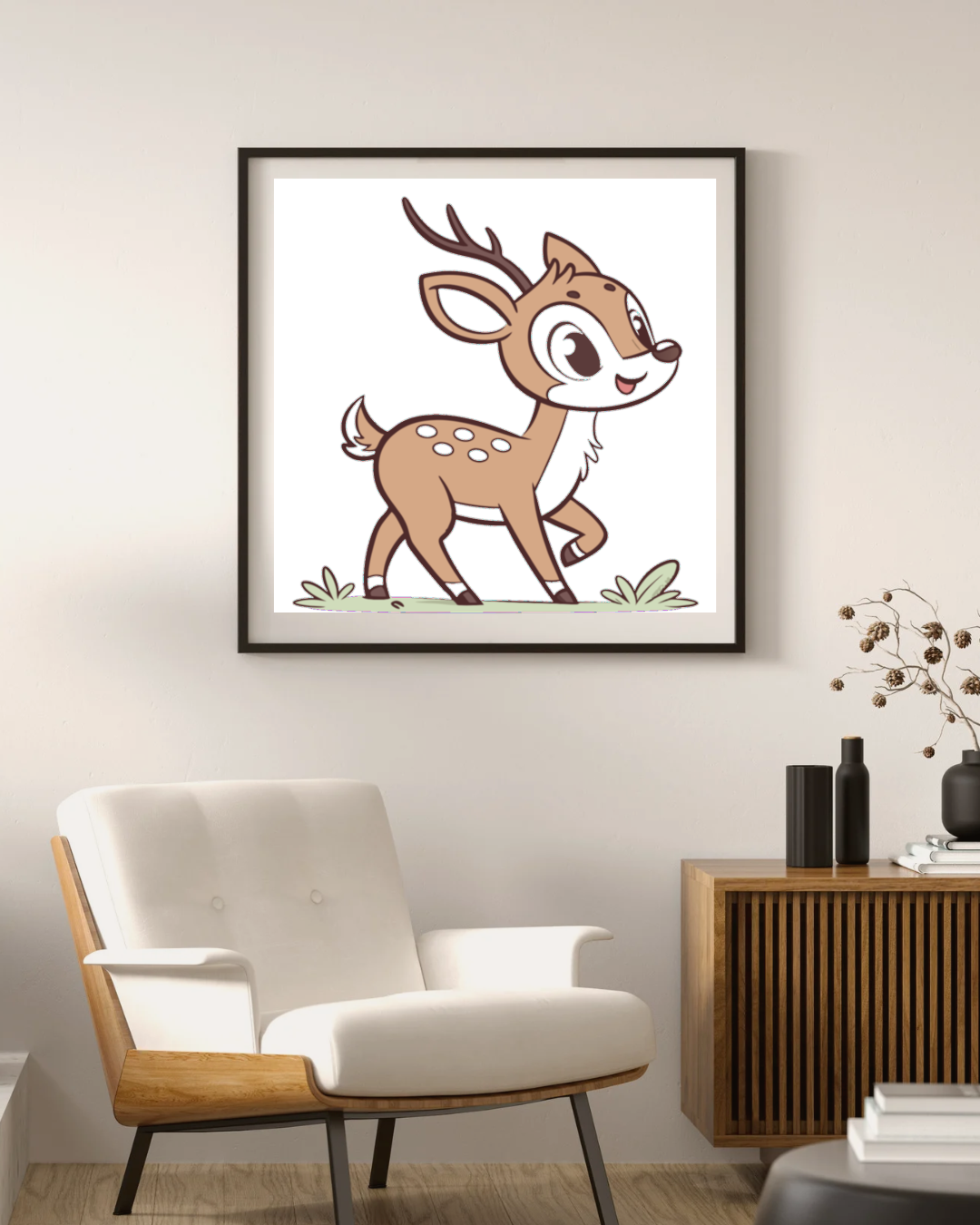 Cadre décoratif montrant un faon heureux au style forestier adorable