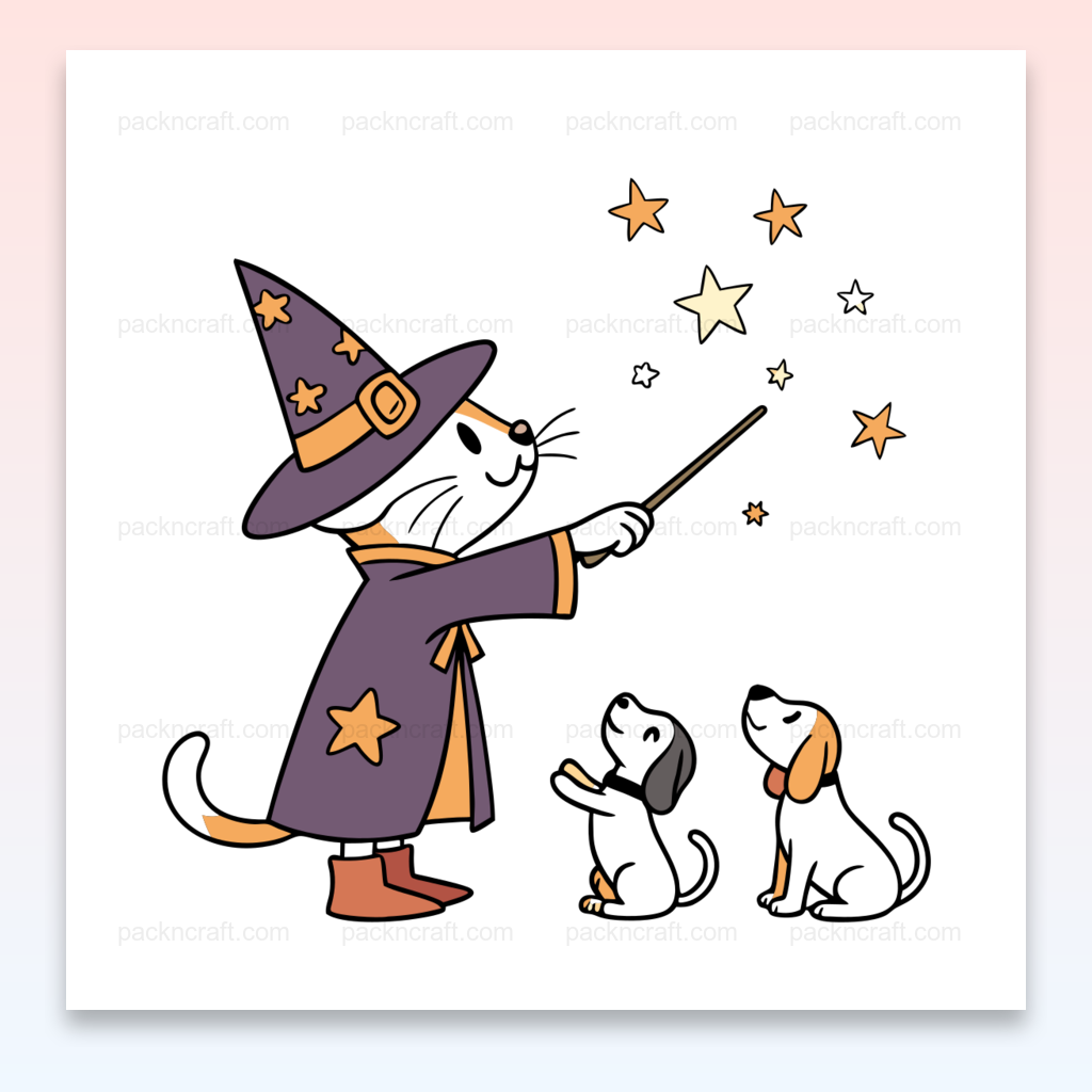 Illustration d'un chat sorcier lançant un sort à deux chiens. Parfaite pour Halloween et projets DIY.