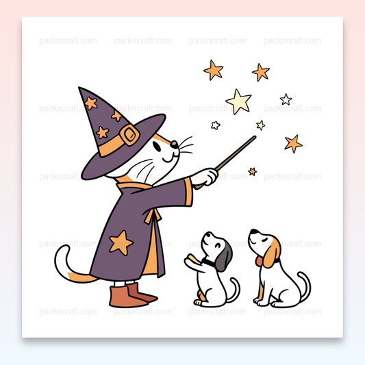 Illustration d'un chat sorcier lançant un sort à deux chiens. Parfaite pour Halloween et projets DIY.