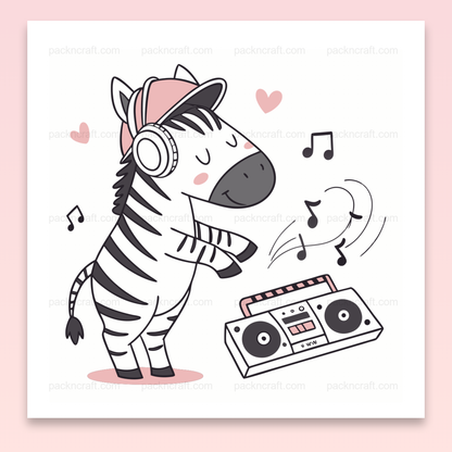 Illustration de zèbre dansant avec un casque audio, style cartoon pour DIY et papeterie.