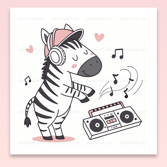 Illustration de zèbre dansant avec un casque audio, style cartoon pour DIY et papeterie.