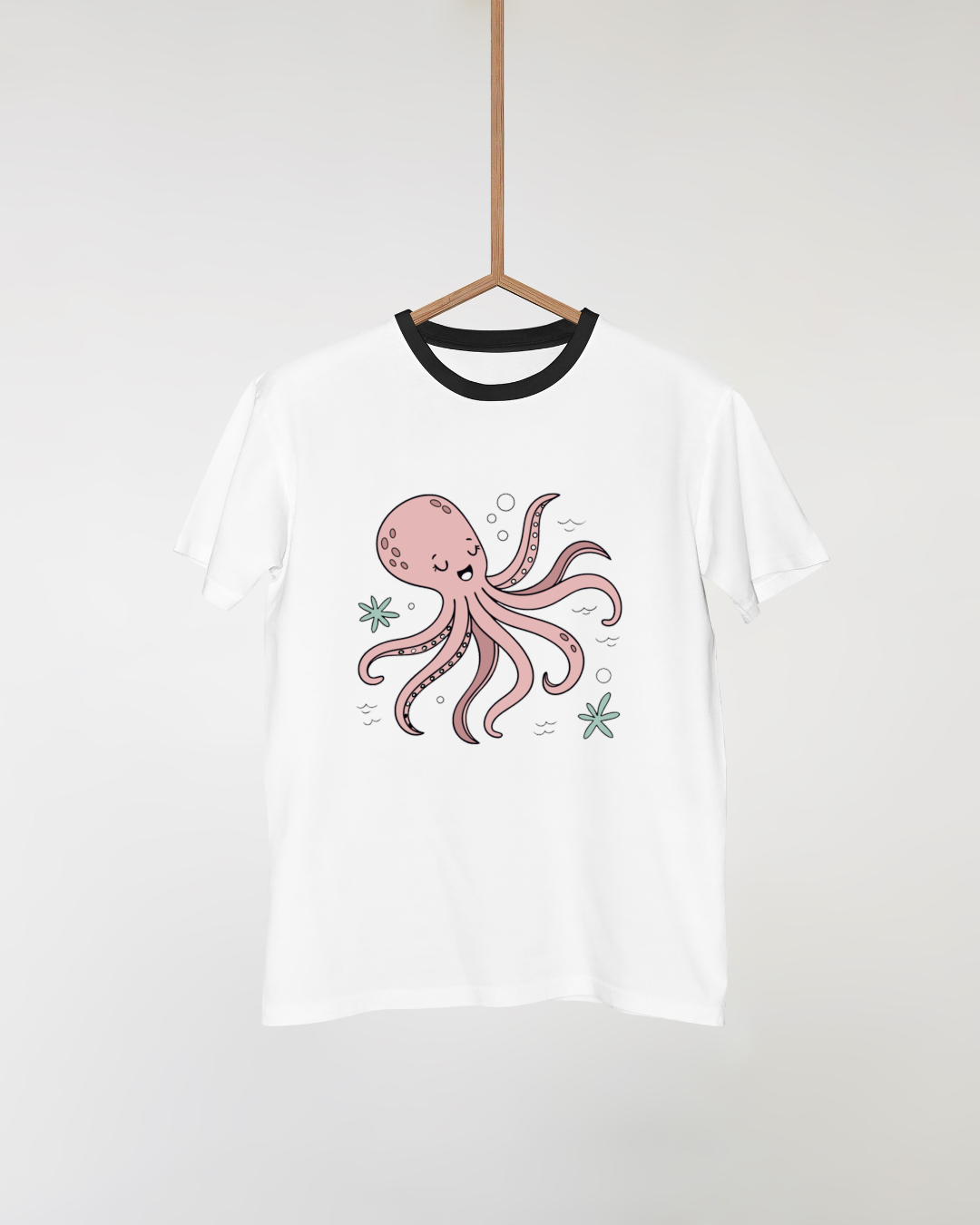 T-shirt avec poulpe joyeux pastel, ambiance océan magique et ludique