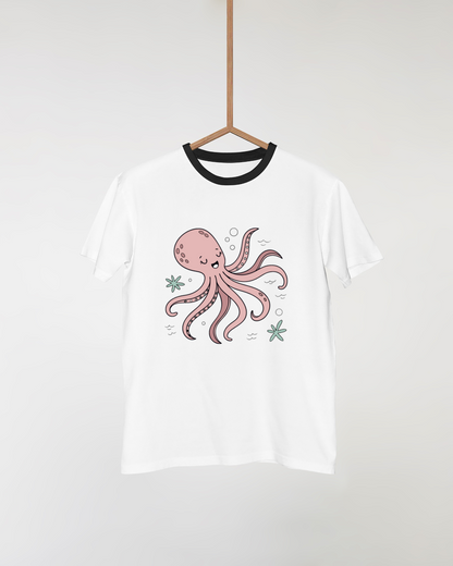 T-shirt avec poulpe joyeux pastel, ambiance océan magique et ludique