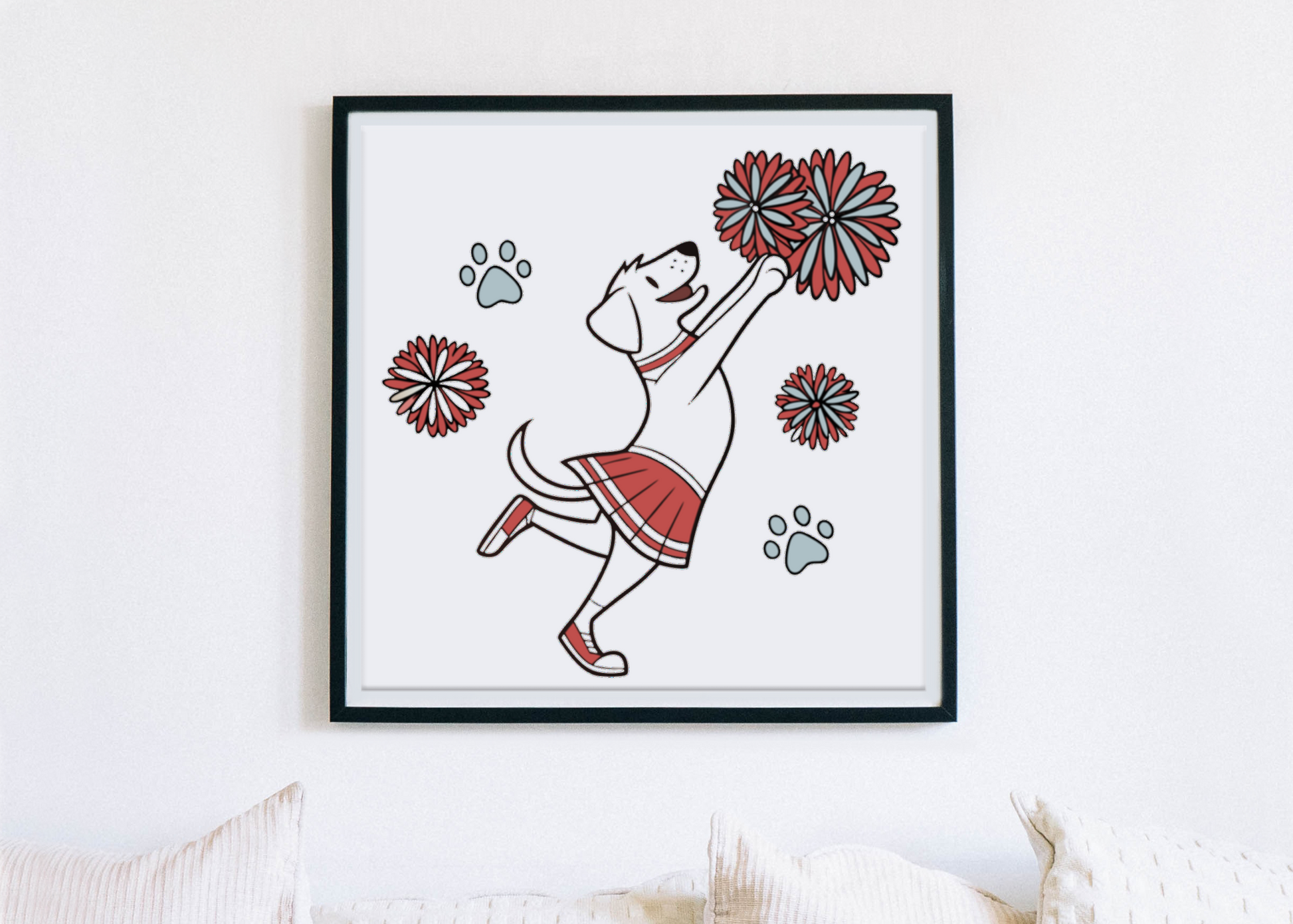 Cadre mignon montrant un chien joyeux avec des pompons dans un style décoratif