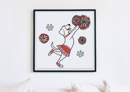Cadre mignon montrant un chien joyeux avec des pompons dans un style décoratif