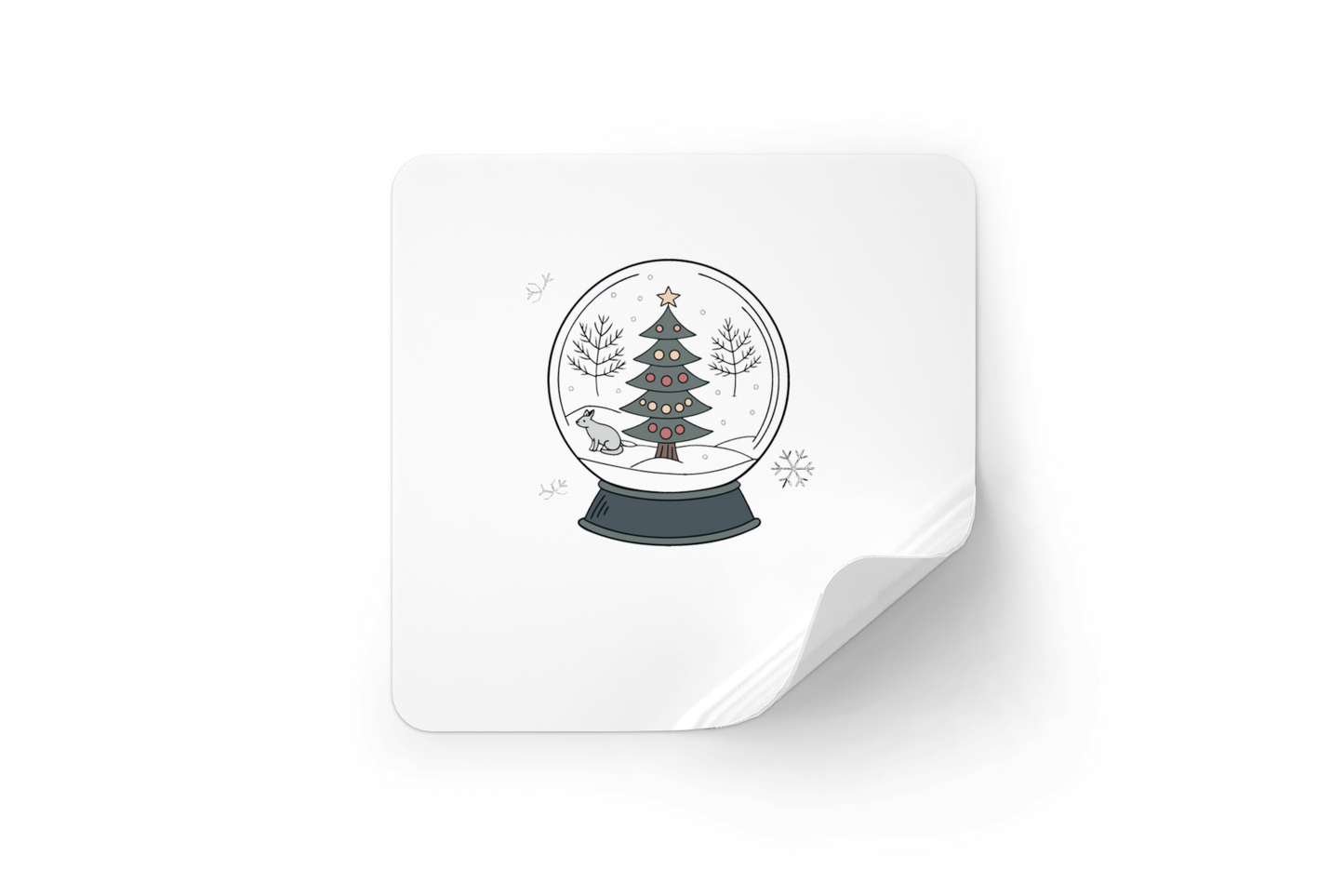 Sticker festif montrant un renard curieux dans une boule de neige scintillante