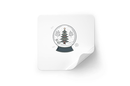 Sticker festif montrant un renard curieux dans une boule de neige scintillante