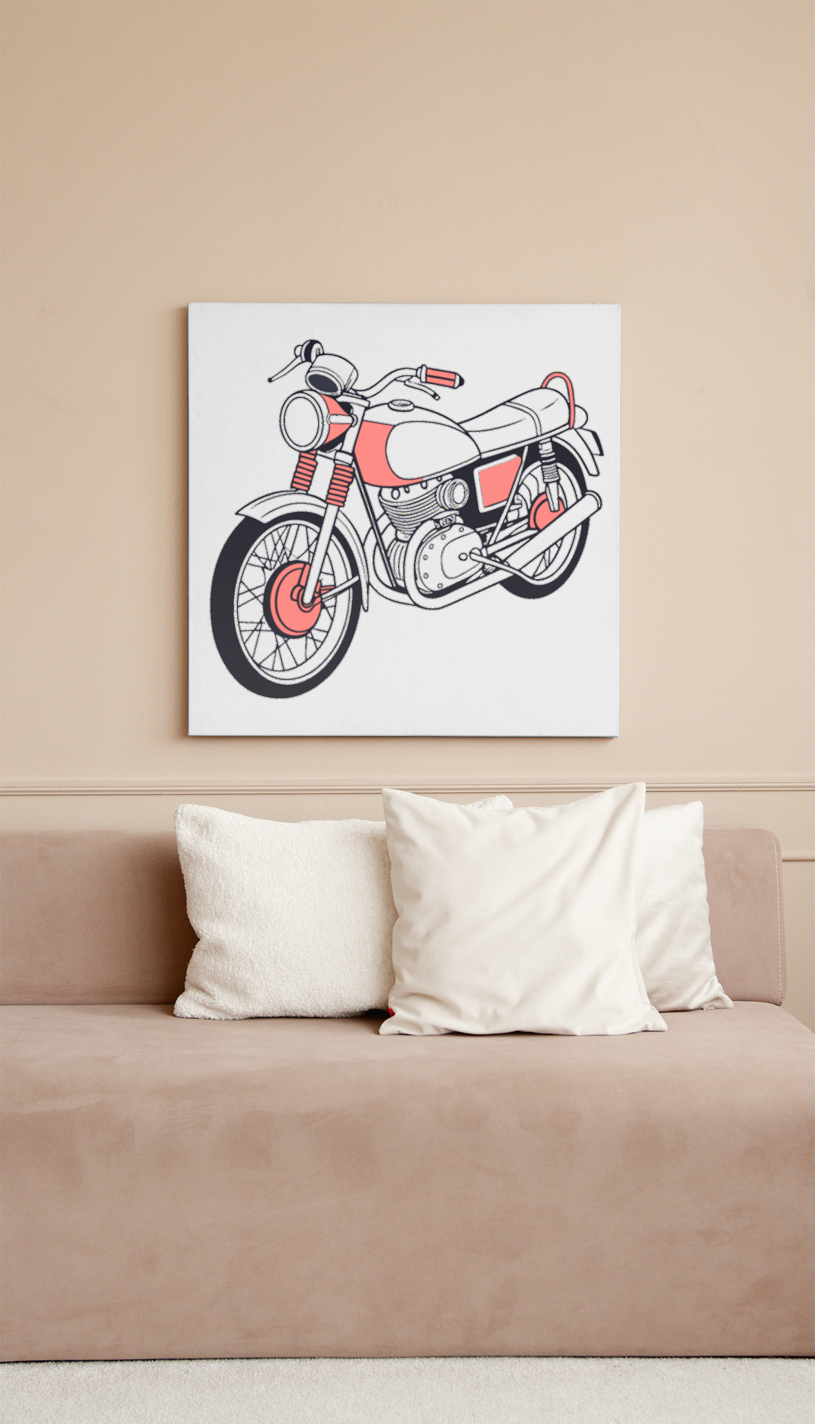 Moto vintage avec cadre, parfaite pour déco murale rétro.