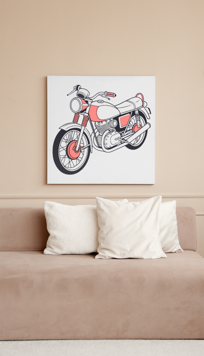 Moto vintage avec cadre, parfaite pour déco murale rétro.