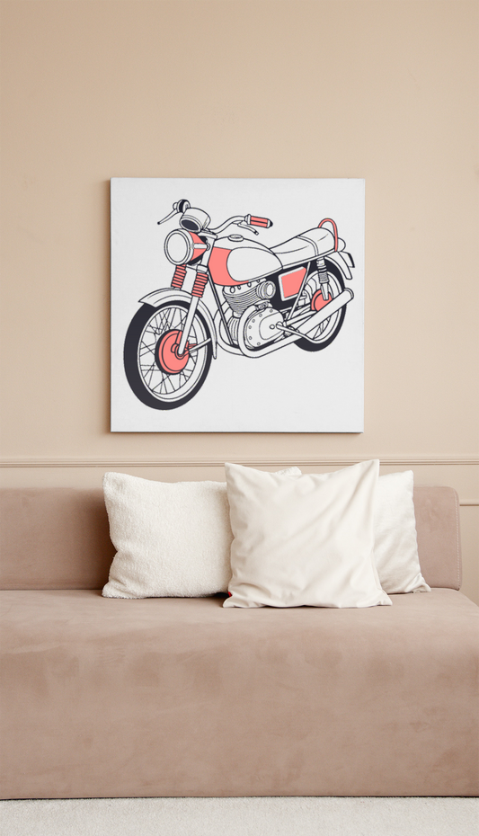 Moto vintage avec cadre, parfaite pour déco murale rétro.