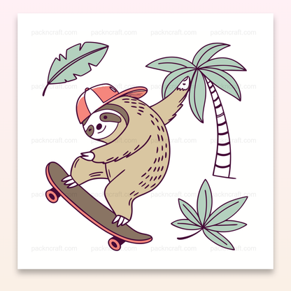 Illustration d'un paresseux sur un skateboard avec des palmiers. Idéal pour déco et projets DIY.