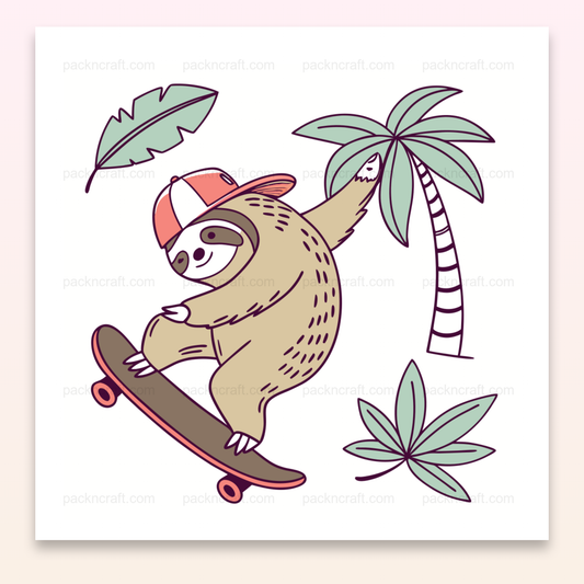 Illustration d'un paresseux sur un skateboard avec des palmiers. Idéal pour déco et projets DIY.