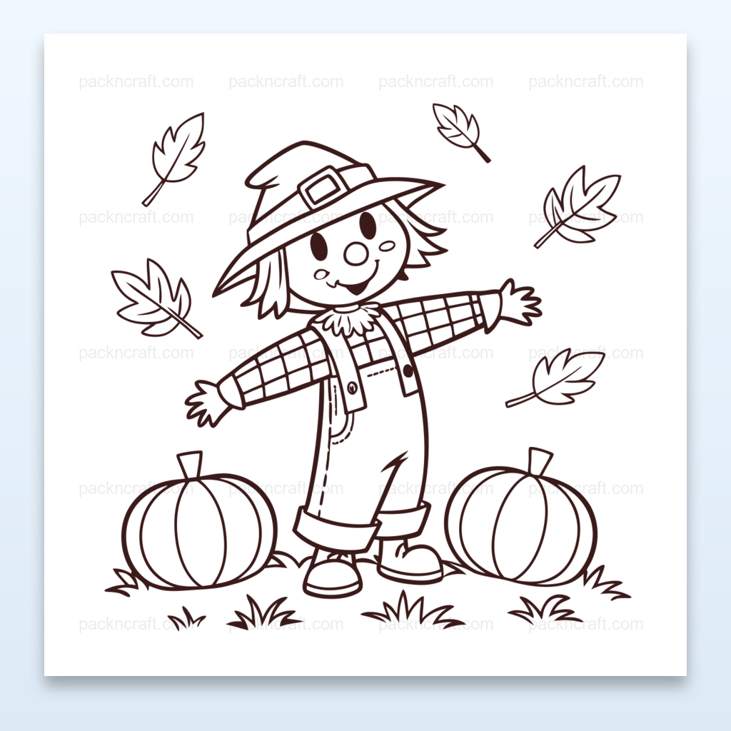 Illustration d'épouvantail rigolo avec citrouilles pour projets automne.