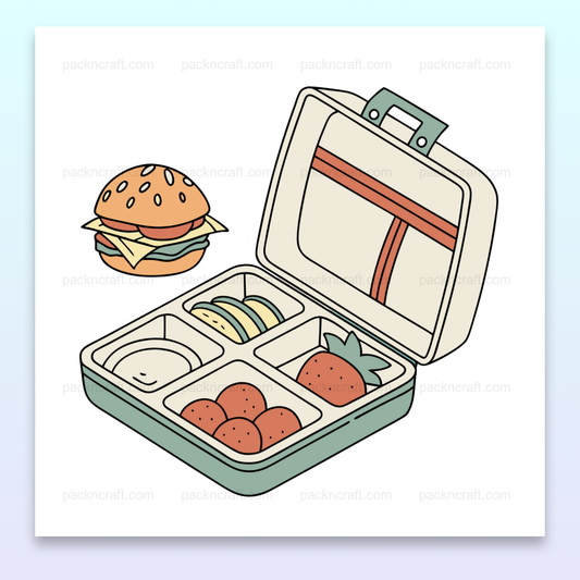 Illustration vectorielle pastel de lunch box gourmande avec hamburger, idéale pour projets éducatifs et papeterie.