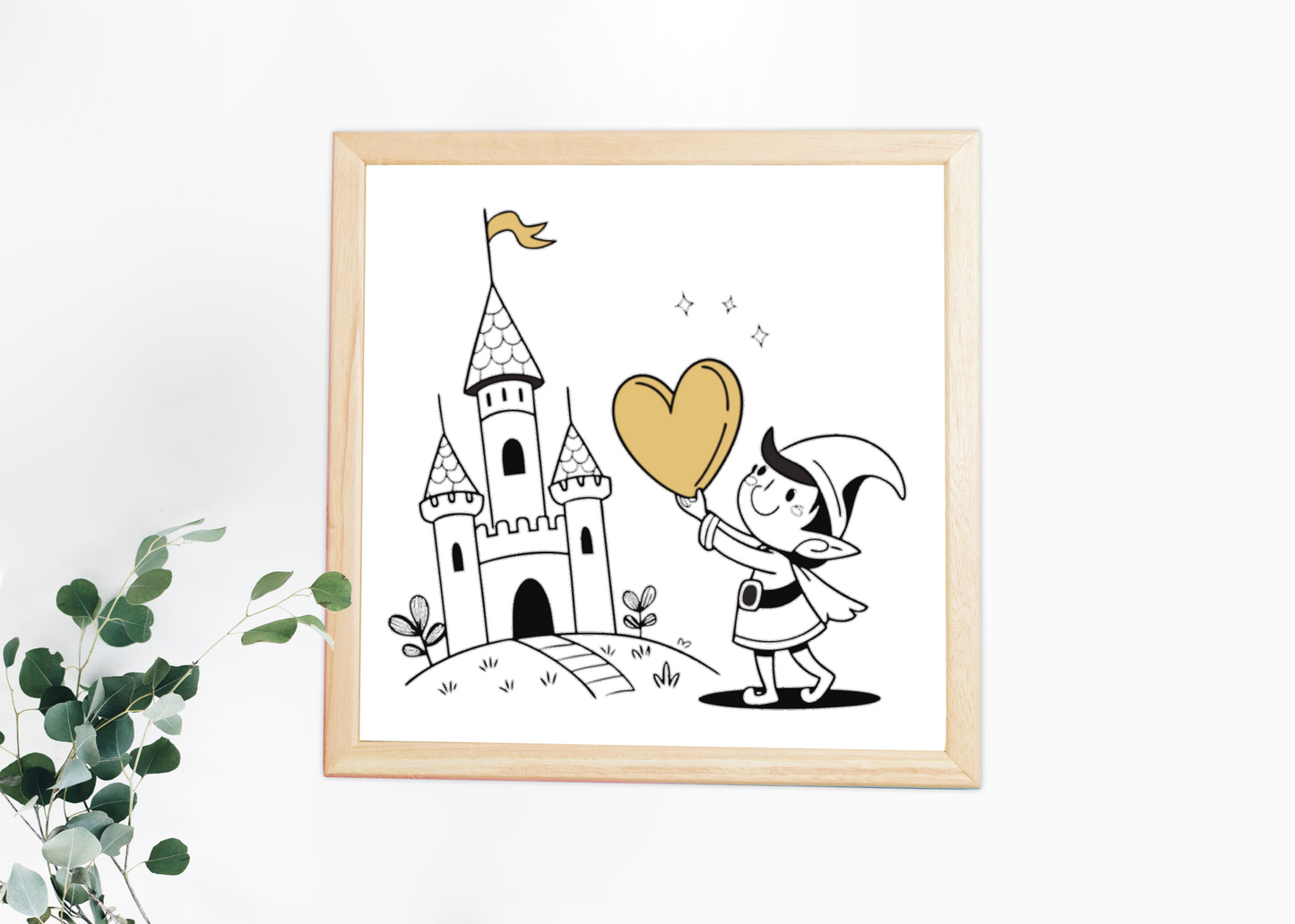 Cadre avec petit elfe joyeux et château, style cartoon conte de fées coloré