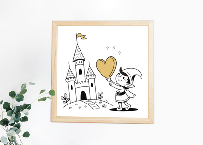 Cadre avec petit elfe joyeux et château, style cartoon conte de fées coloré