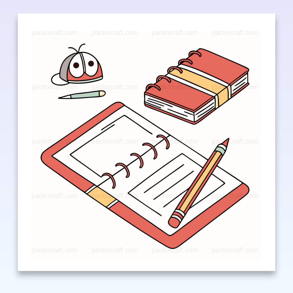 Illustration pastel d'un journal et stylo, parfait pour projets éducatifs et papeterie.
