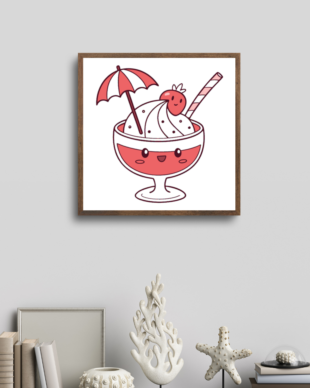Cadre décoratif montrant un sundae kawaii pour une touche joyeuse et colorée