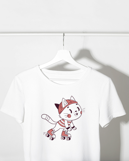 T-shirt avec chat joyeux en rollers, style dynamique et thème énergétique