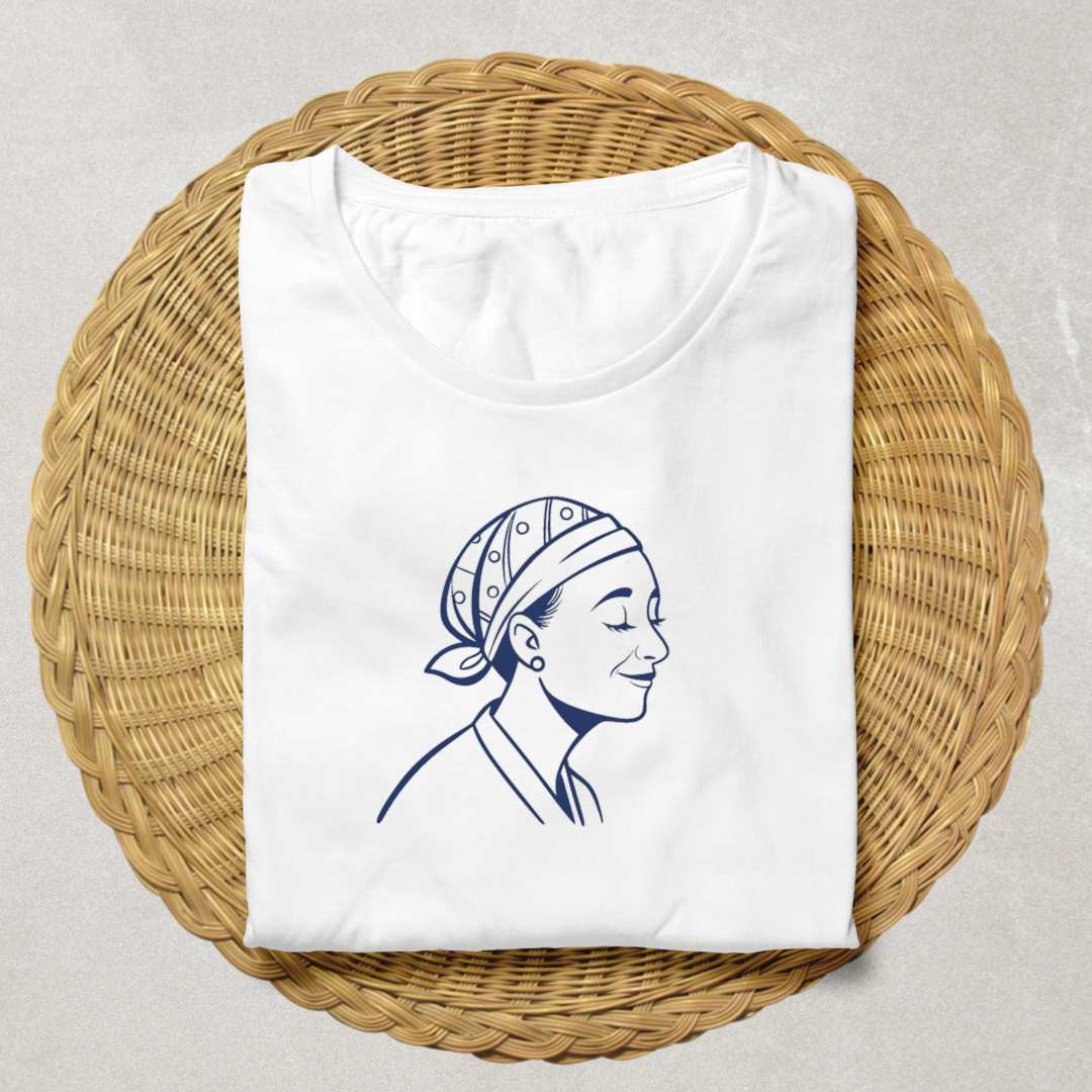 T-shirt vintage avec une femme souriante portant un bandana monochrome