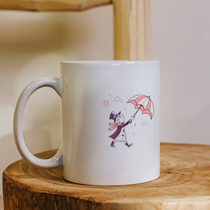 Mug avec design vintage enfantin montrant un garçon élégant souriant sous la pluie