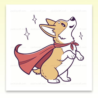 Illustration numérique d'un Corgi héroïque en cape. Utilisable pour DIY et papeterie.