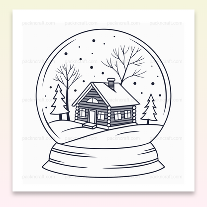 Illustration de chalet enneigé dans une boule à neige, idéale pour projets hivernaux.
