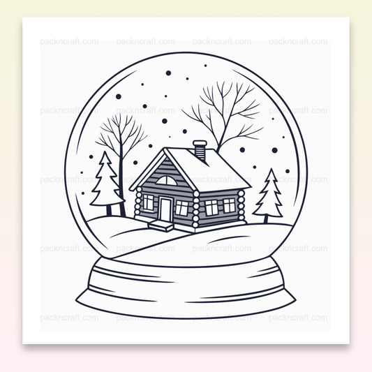 Illustration de chalet enneigé dans une boule à neige, idéale pour projets hivernaux.
