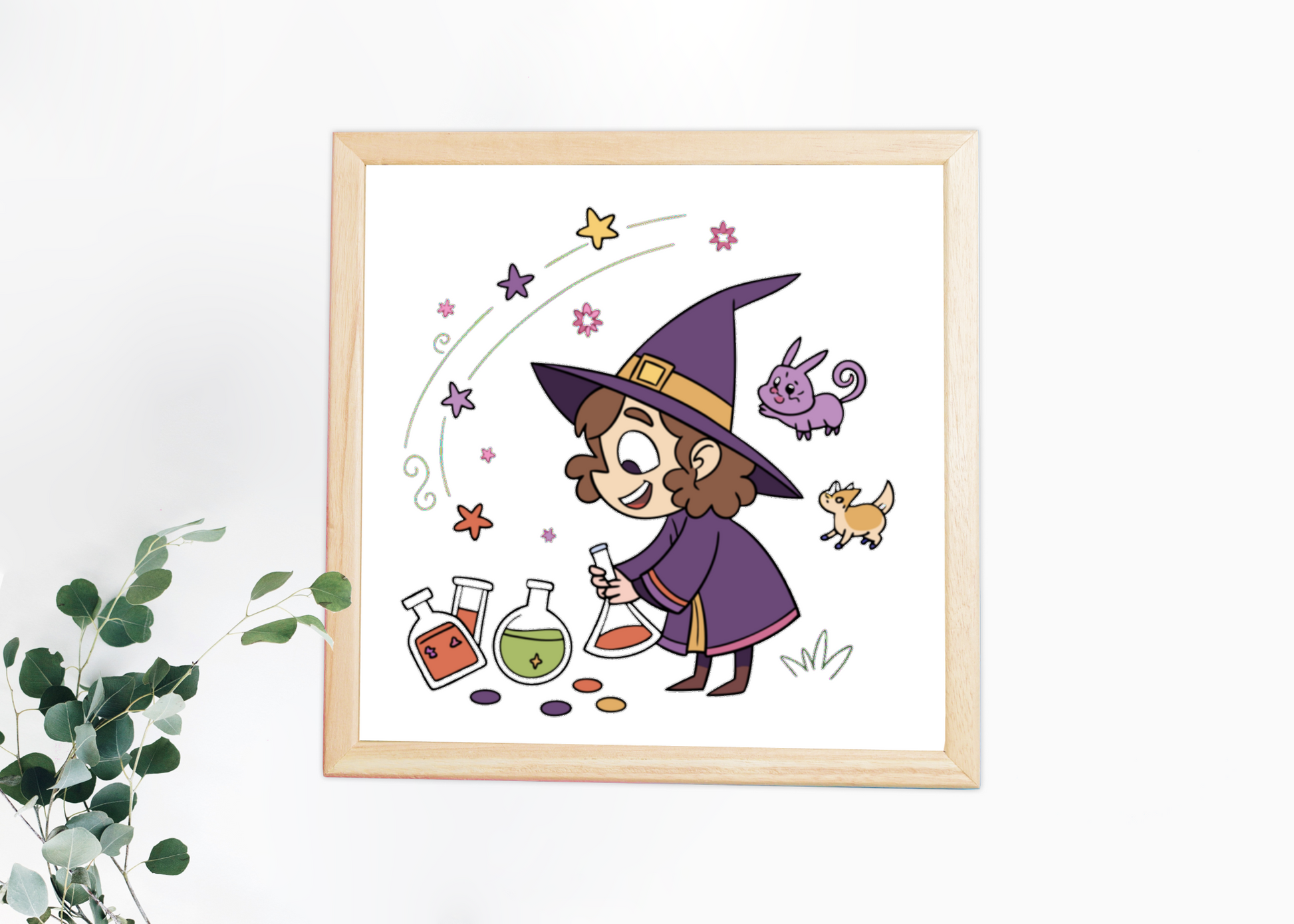 Cadre avec croquis féerique de jeune sorcier en pleine alchimie magique