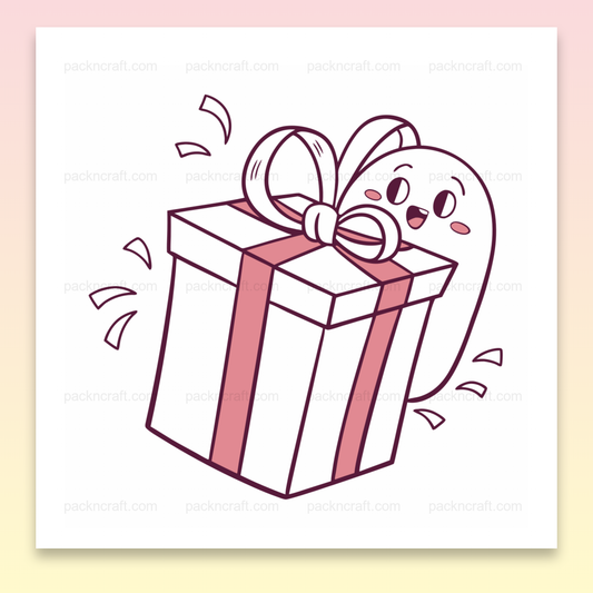 Illustration kawaii d'un fantôme joyeux avec un cadeau, idéale pour décorations et DIY.