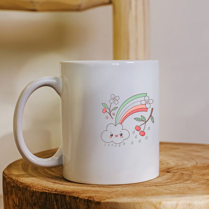 Mug avec un nuage kawaii sous un arc-en-ciel joyeux ambiance printanière
