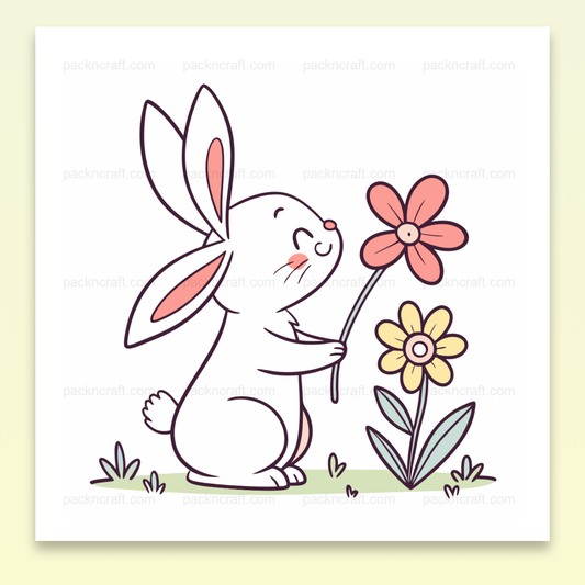 Lapin heureux tenant une fleur, illustration printanière en SVG pour projets créatifs.