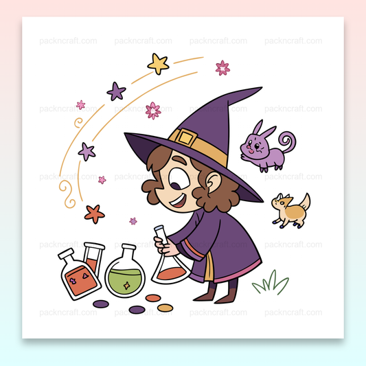 Illustration d'un jeune sorcier fabriquant des potions magiques, idéale pour DIY et décorations.