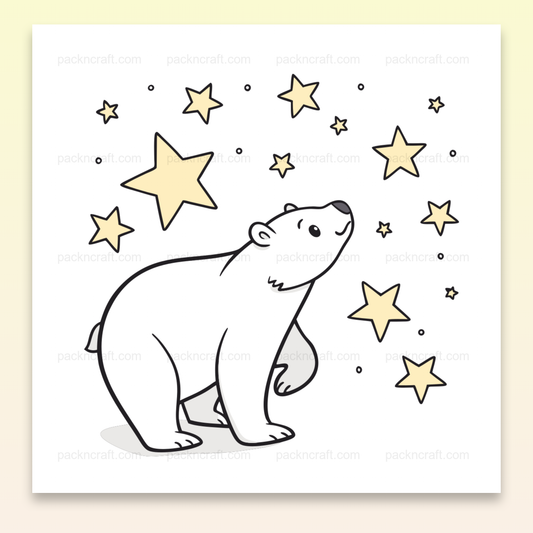 Ours polaire curieux sous étoiles, illustration kawaii pour déco et DIY.