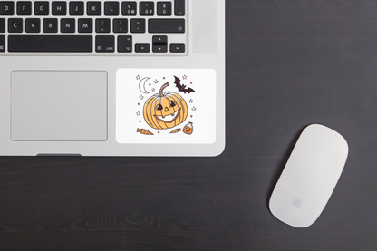 Sticker style Halloween avec citrouille joyeuse et chauve-souris décoratives