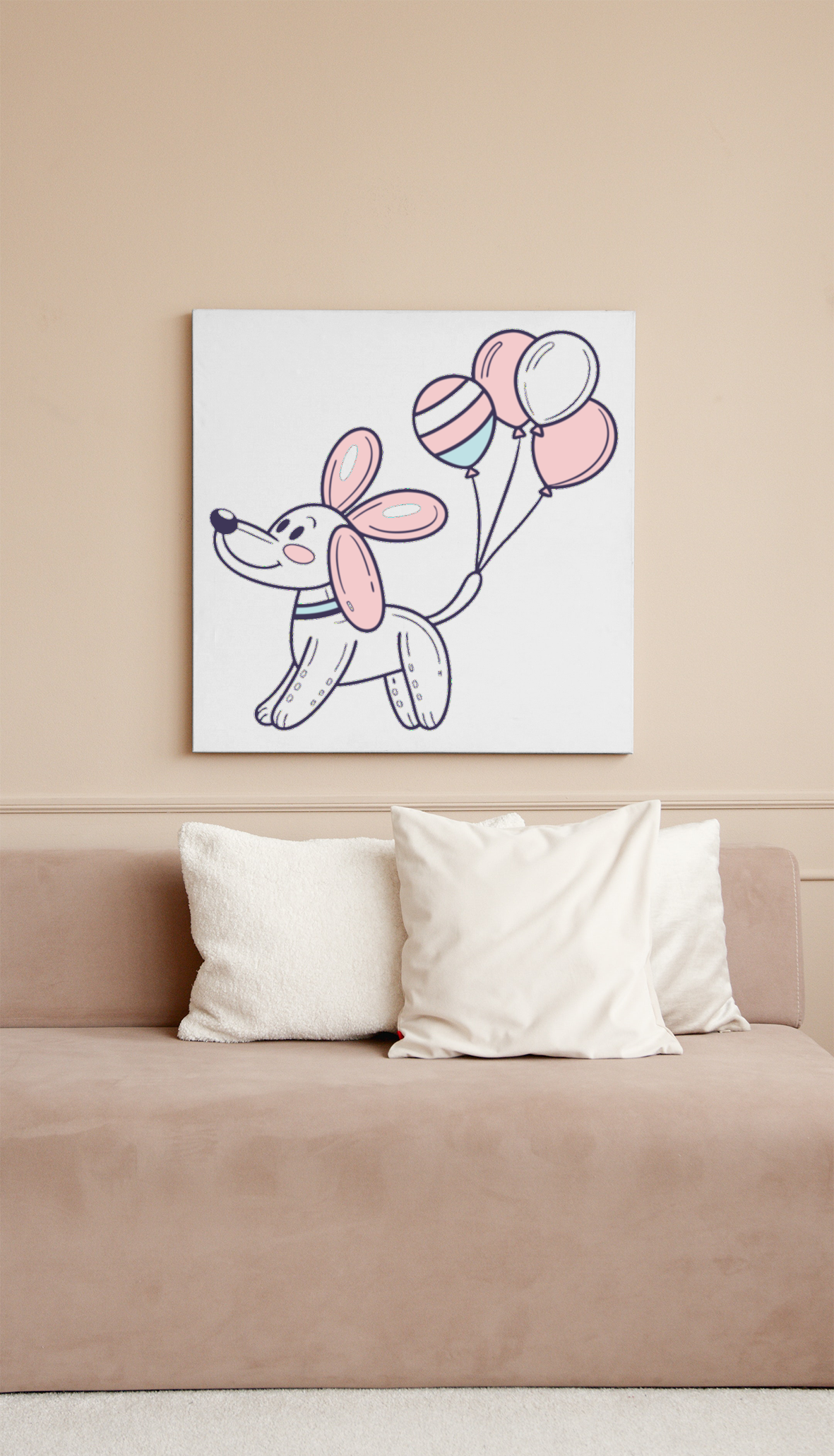 Affiche encadrée de chien ballon kawaii, parfaite pour une ambiance joyeuse.