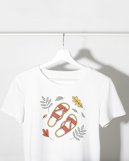 T-shirt avec motif de tongs flottantes automnales sur fond élégant