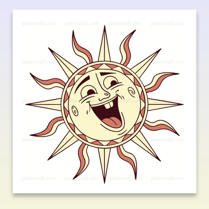 Illustration numérique d'un soleil rieur vintage en style SVG pour projets d'été.