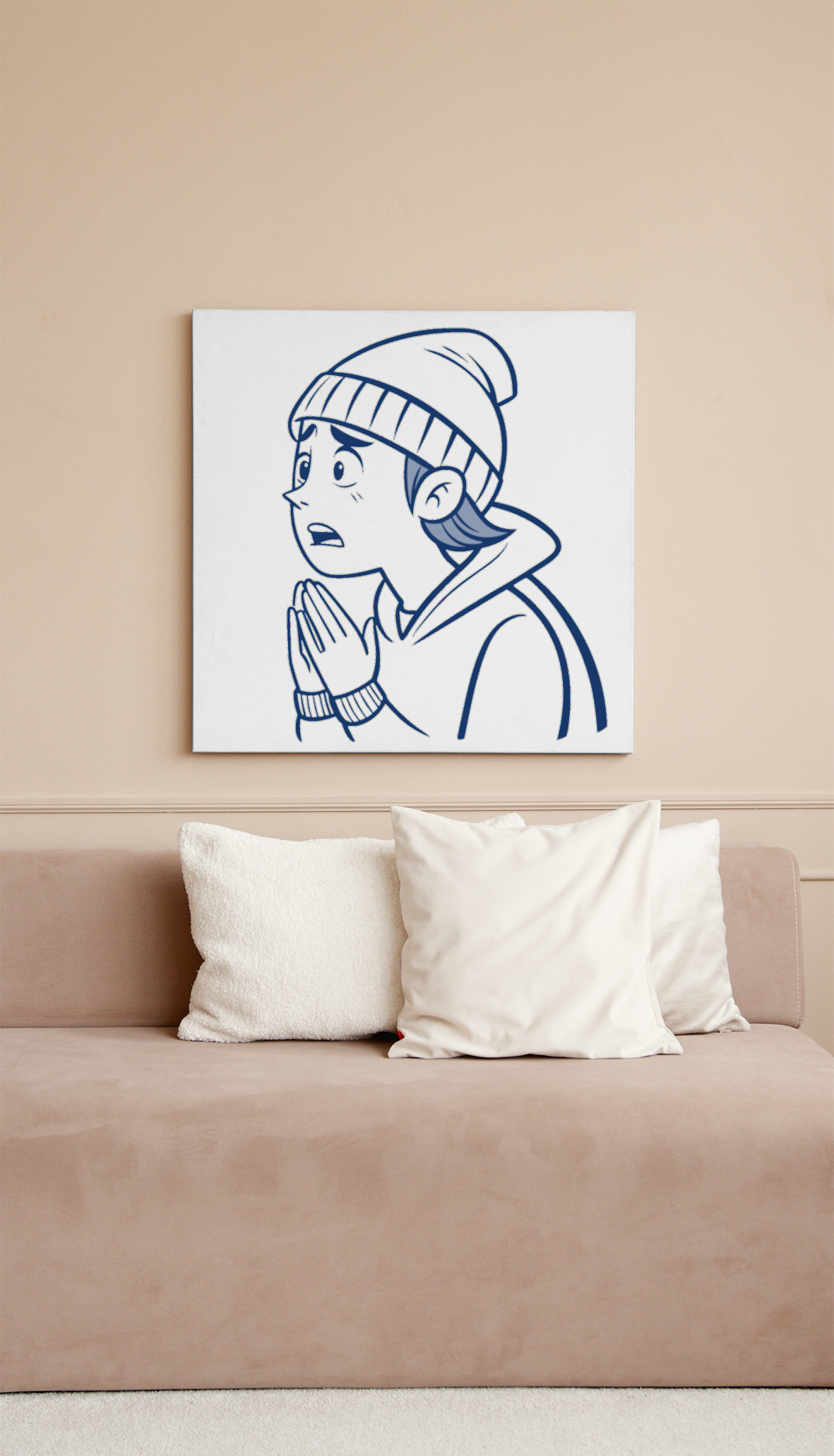 Cadre minimaliste avec motif de garçon suppliant en silhouette noire, style épuré