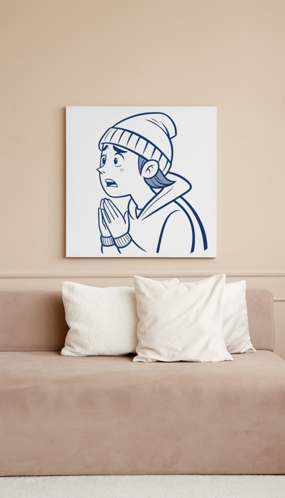 Cadre minimaliste avec motif de garçon suppliant en silhouette noire, style épuré