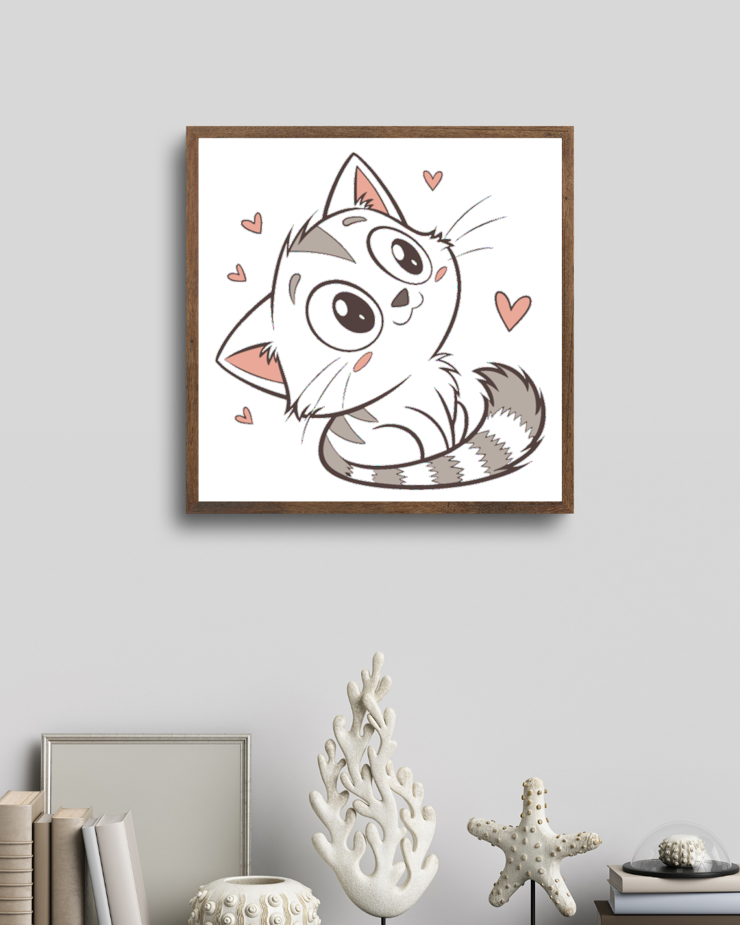 Cadre avec chat kawaii heureux entouré de cœurs décoratifs