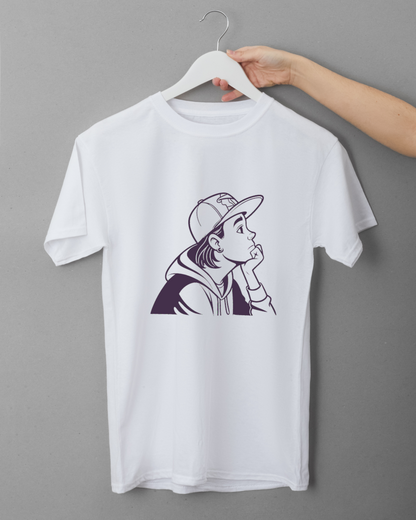 T-shirt avec dessin de jeune en casquette dans un style urbain moderne