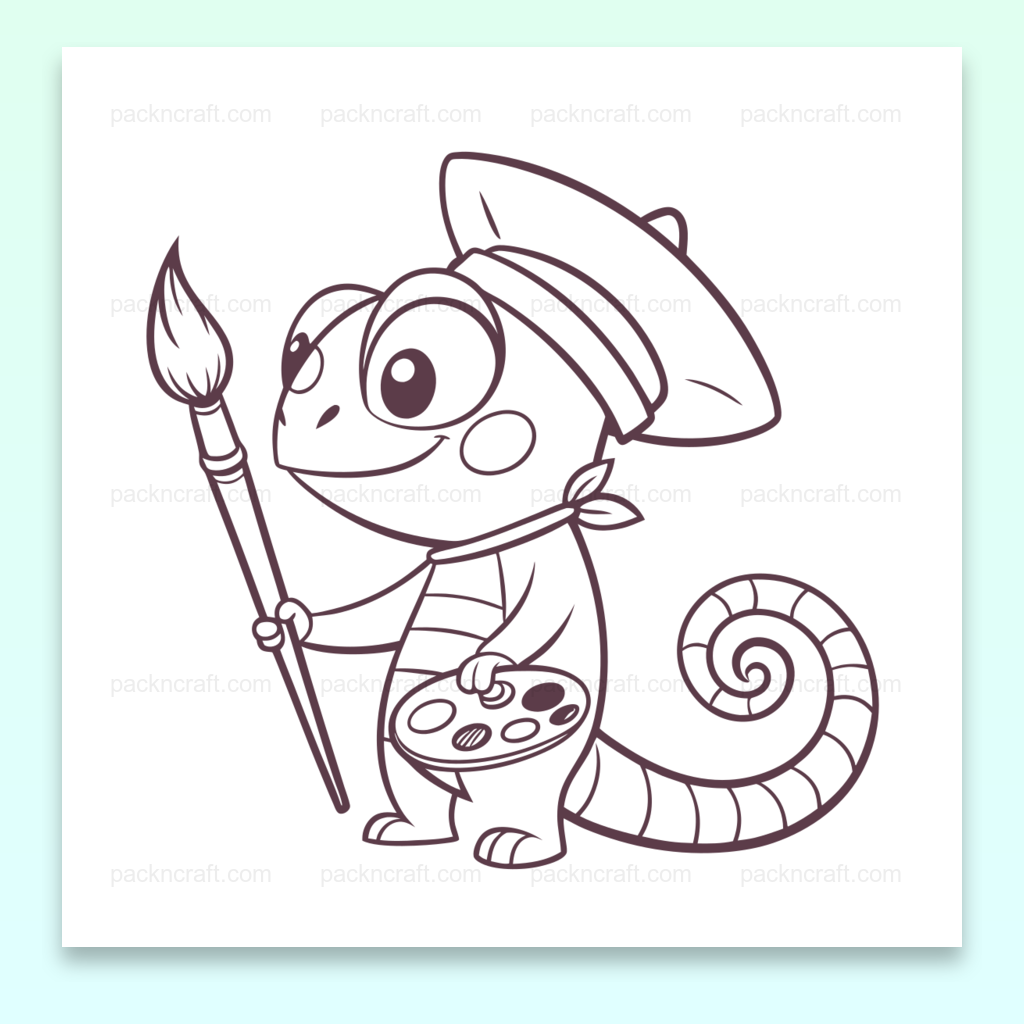 Illustration d'un caméléon peintre dans un style doodle, idéal pour papeterie et projets créatifs