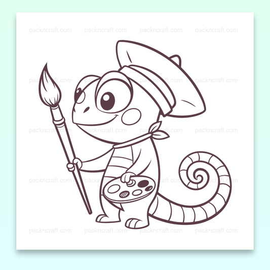 Illustration d'un caméléon peintre dans un style doodle, idéal pour papeterie et projets créatifs