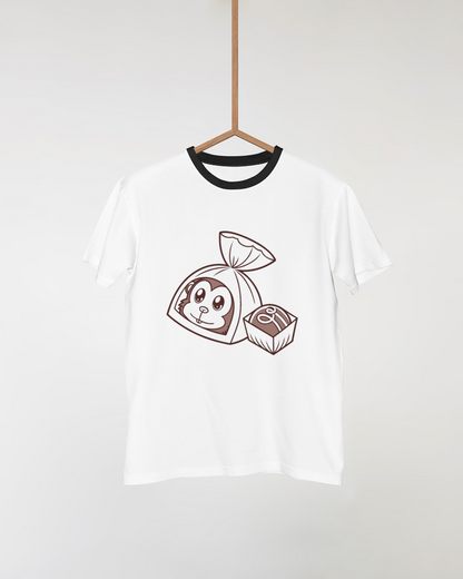 T-shirt avec un motif ludique de singe curieux en bonbonnière colorée