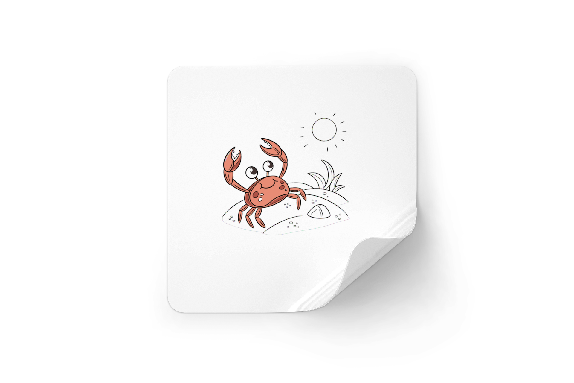 Sticker joyeux avec crabe cartoon stylisé dans une ambiance plage détendue