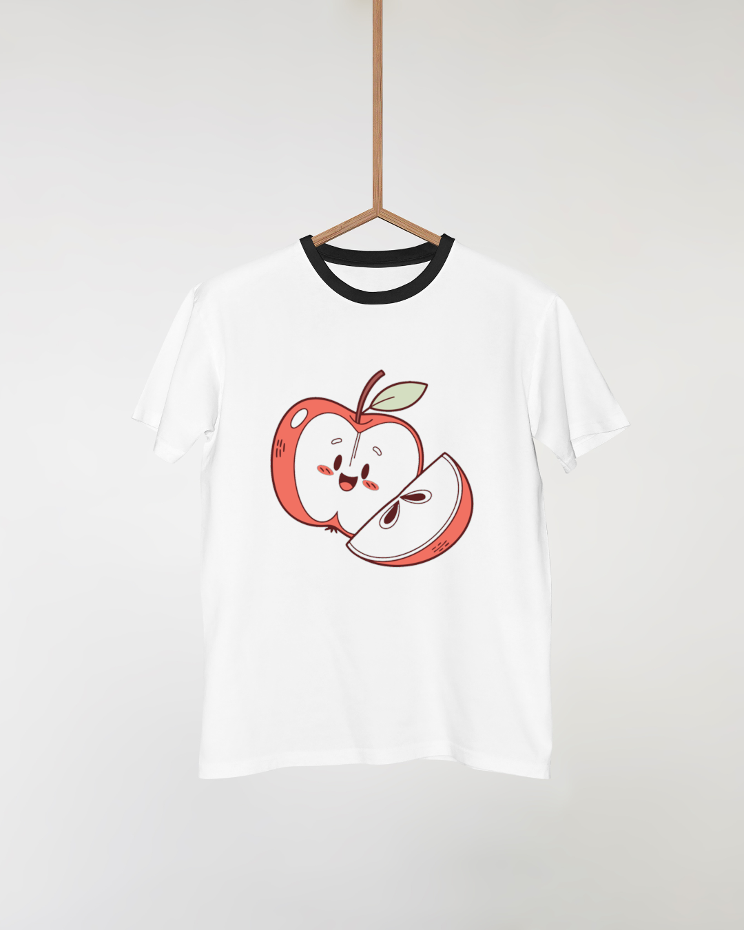 T-shirt avec pomme kawaii joyeuse tranchée, style adorable et moderne